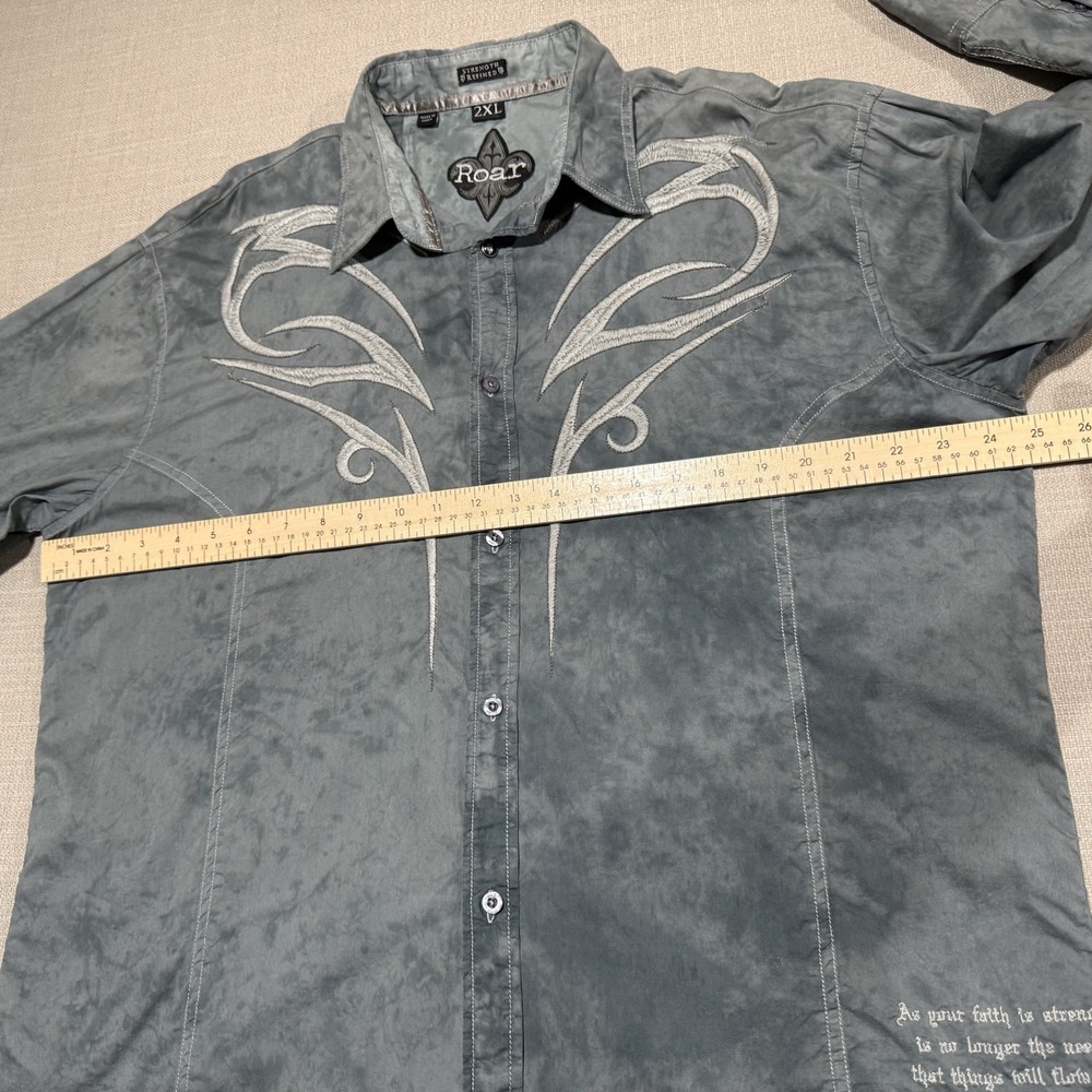 Roar Embroidered Cross Grunge Y2k Button Up Shirt Mens 2XL Distressed Western - Picture 9 of 10
